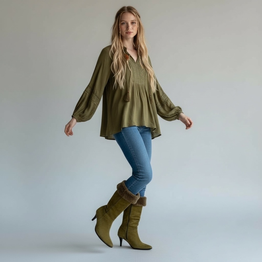 Pedro Miralles Sport Olive Suede Fur Trimmed Knee High Boots Size 40 US 9 Witchy